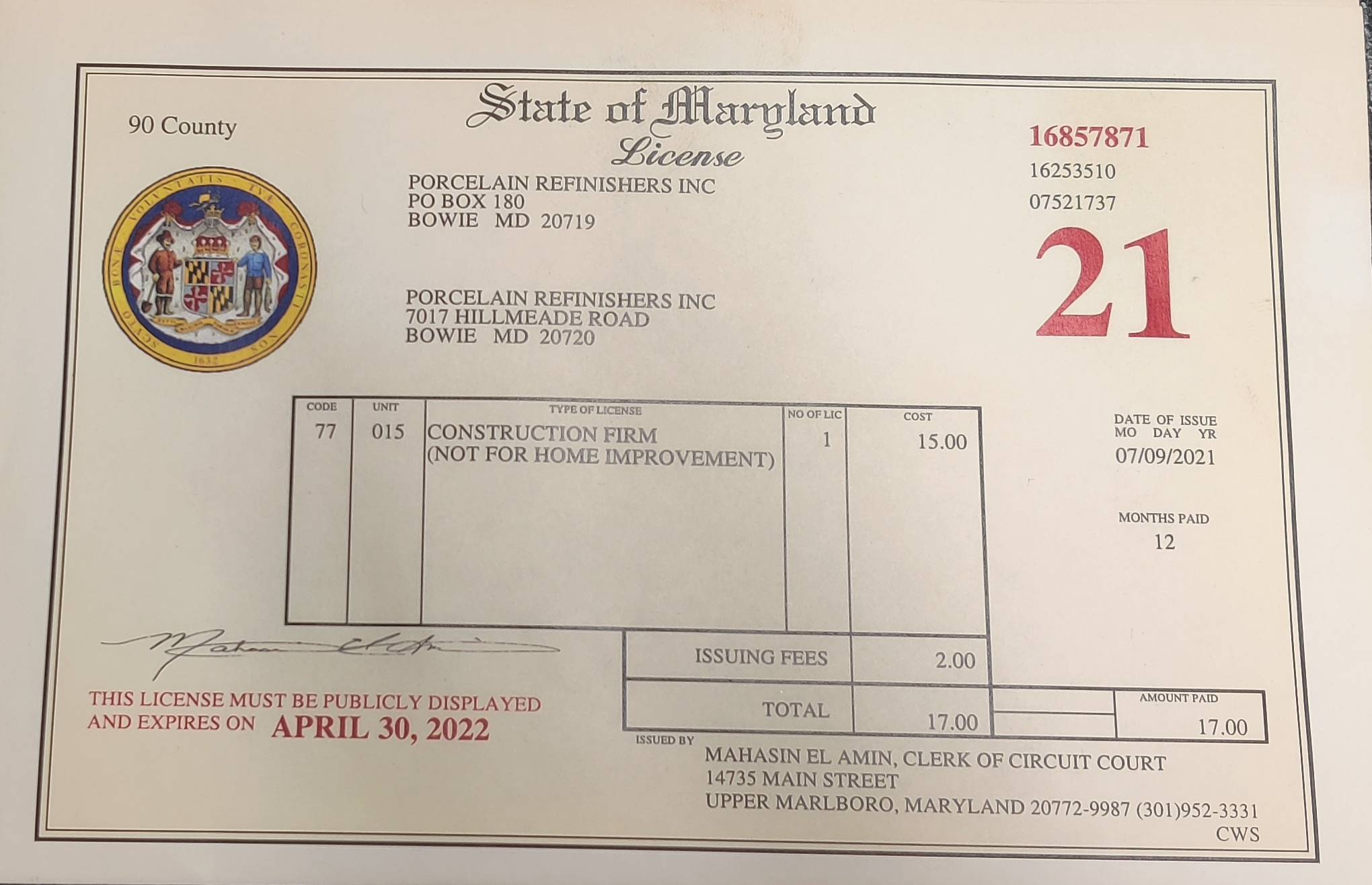 Our 2021 Business License