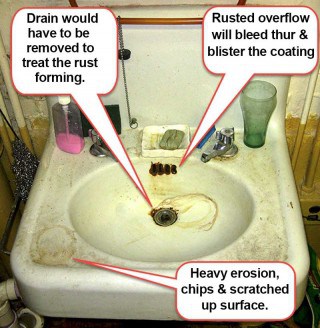 A badly damage sink needing sink restoration.