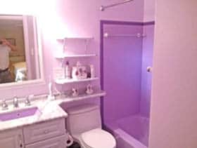 Bathtub, tile and sink color change to a beautiful purple with darker purple border.