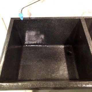 Concrete sink refinishing done in Black Granite Multi-Stone Left Side of Double Bowl Cement Sink Repair.